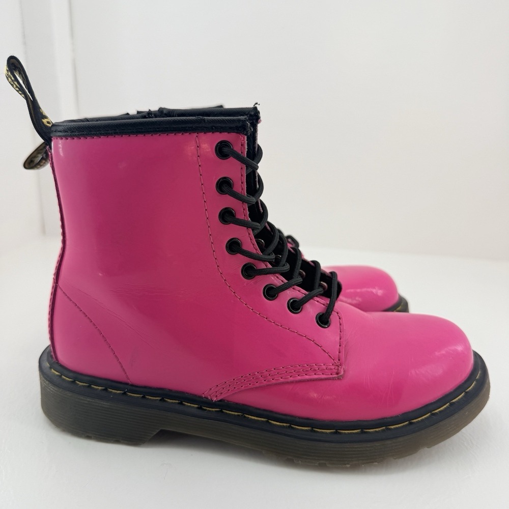 Dr Martens Delaney Youth 2 Hot Pink Patent Leather Combat Boots Side Zip 8 Eye
